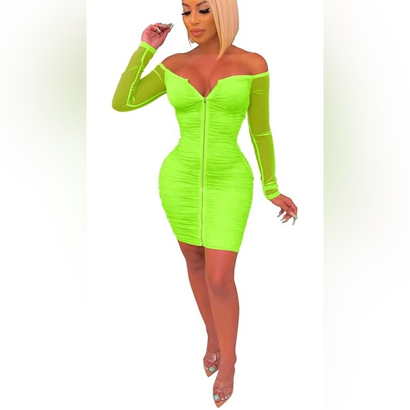 Dresses & Skirts - Women Sexy Off Shoulder Bell Sleeve Ruched Front Drawstring Bodycon Mini Dress